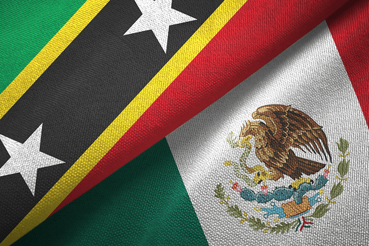 Flags of St. Kitts, and Mexico: St. Kitts flag is green with two diagonal red bands, and Mexico flag is green, white, and red